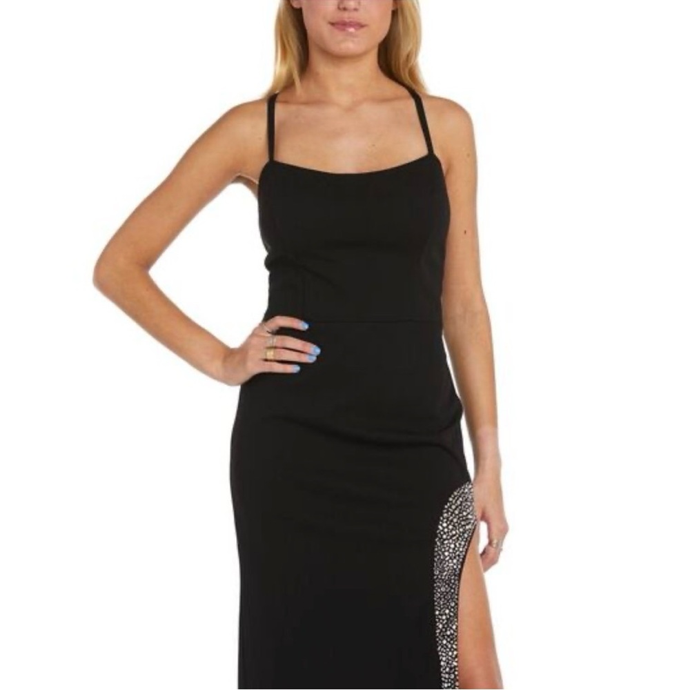Nightway Collections Black Evening Maxi Dress with Rhinestone Trim Side Slit - Picture 3 of 6